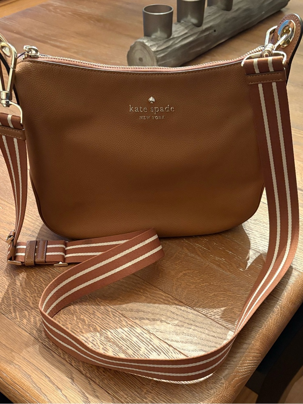 Kate Spade Tan Pebbled Leather Crossbody Bag with long adjustable striped strap - Picture 6 of 11